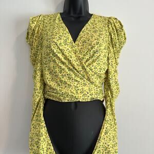AFRM Celeste Crop Wrap Top Revolve Size XS Buttercup Ditsy Yellow Ruched Slinky